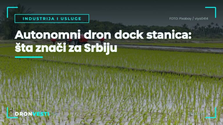 Autonomni dron dock stanica sa dronom koji izleće iznad industrijskog objekta u Srbiji