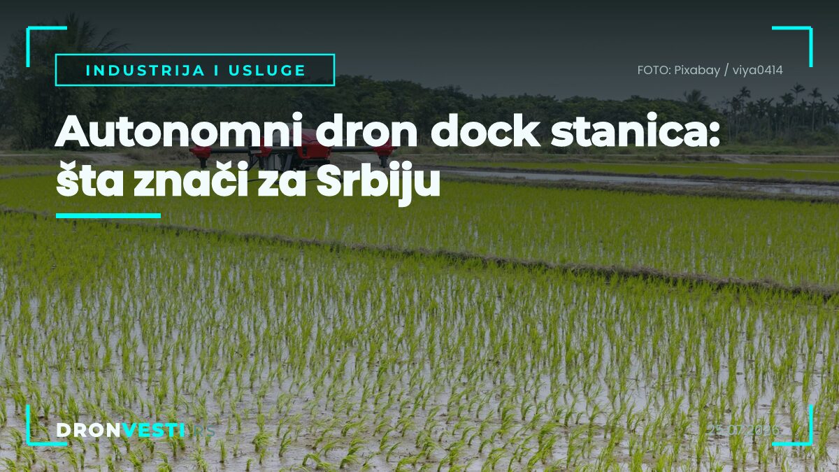 Autonomni dron dock stanica sa dronom koji izleće iznad industrijskog objekta u Srbiji