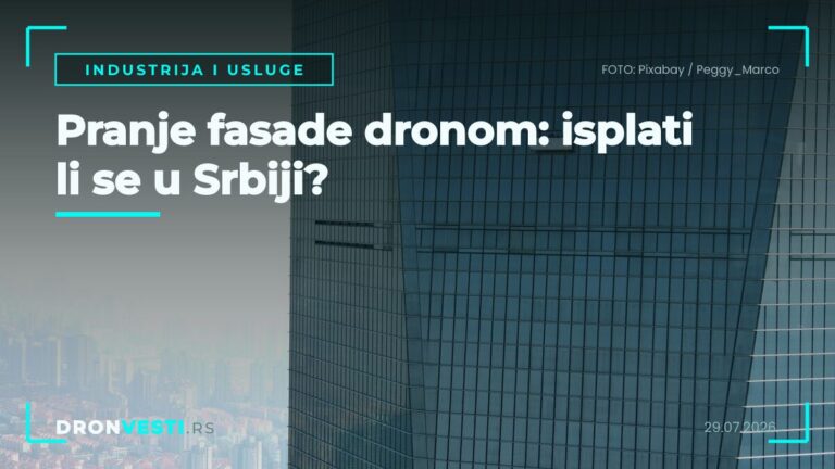 Pranje fasade dronom na visokoj staklenoj poslovnoj zgradi bez skele